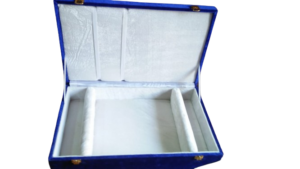 Blue velvet box for vanity mirror and brush set