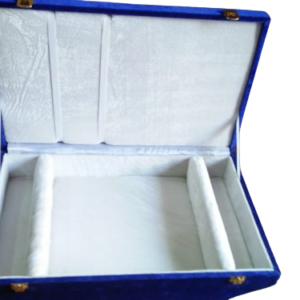 Blue velvet box for vanity mirror and brush set