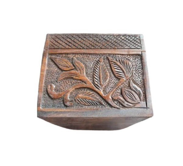 Carved wooden box inner velvet lined side face