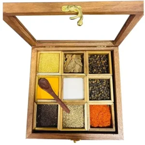 Open wooden spice box